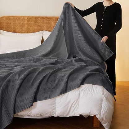 100% Cotton Waffle Blanket (Dark Grey - Full Size - 84 * 90''), Pre-Washed and Anti-Shrinkage Soft Lightweight Bed & Couch Blanket, 380 GSM Waffle Weave Throw Blanket for All Seasons - color: Dark Grey, size: Full (84"*90")