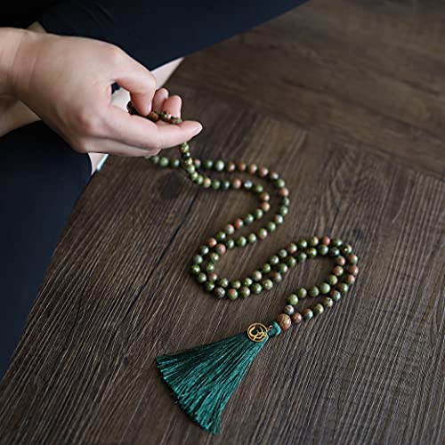 COAI OM Charm Hand Knotted Tassel 108 Mala Beads Necklace - color: Faceted Unakite, size: 8mm