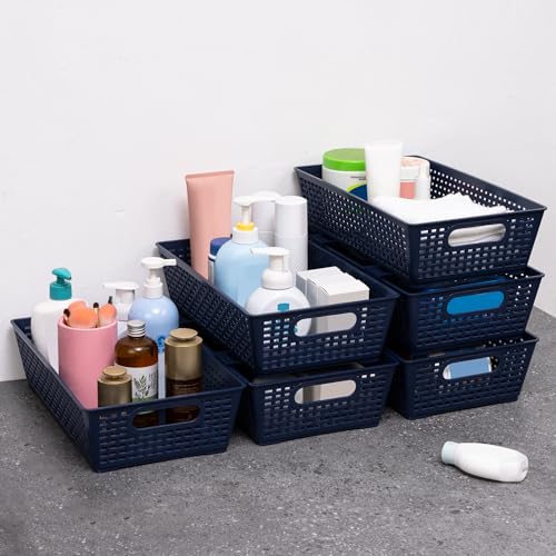 Tiawudi Stackable Woven Plastic Basket, Storage Bins for Cabinet, Closet, Shelf, Under Sink and Countertop, Pantry Organizer Bins, 6 Pack - color: Dark Blue