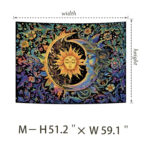 Sun and Moon Tapestry Psychedelic Mystic Floral Tapestry Hippie Boho Flower Plants Wall Tapestries Vintage Aesthetic Tapestries Wall Hanging for Bedroom