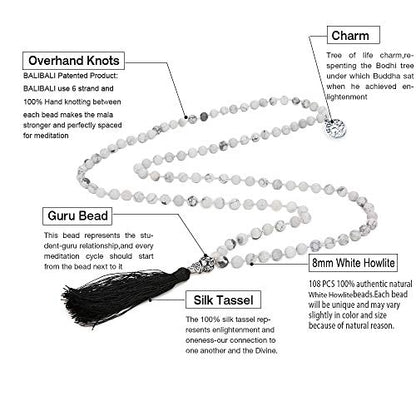 108 Mala Beads Necklace Semi-Precious Gem Stones Meditation Necklace 108 Hand Knotted Japa Mala Beaded Tassel Necklace with Tree of Life Pendant - color: Natural White Howlite（Black Tassel）