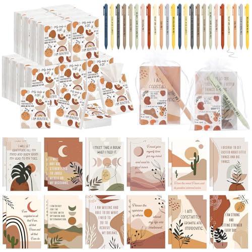 Mooliwe 24 Sets Mother's Day Positive Affirmation Gifts Bulk, Boho Self Care Package-pocket Tissues, Notepads, Ballpoint Pens & Organza Bags, Encouragement Gifts for Mom, Employees, Teachers, Coworker