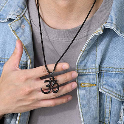 Stainless Steel Om Necklace for Men Women, gold plated/Silver/Black Yoga Charm Pendant Necklaces Aum Om Ohm Sanskrit Symbol Hindu Meditation Chain Necklace,Mens Womens Jewelry Gifts - color: Black