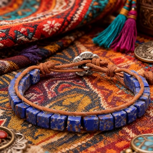 7 Chakra Bracelet Bohemian Handmade Leather Wrap Healing Protection Natural Stone Yoga Beaded Bracelets Boho Friendship Jewelry - color: Lazuli