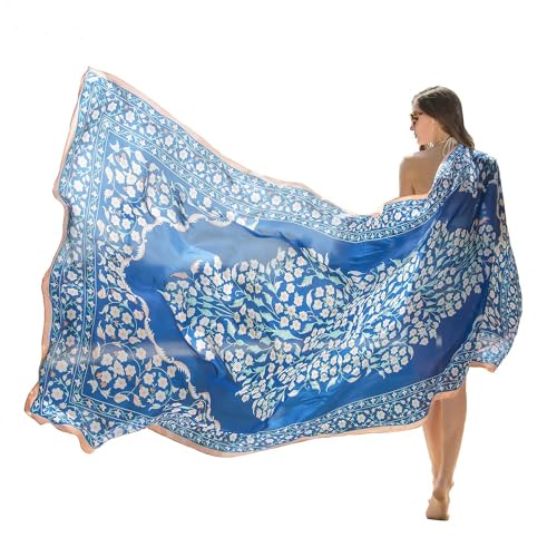 DANA XU Women's 100% Mulberry Silk Pashmina Shawl and Wraps Extra Large Floral Scarf for Evening Dresses, Soft Oversized - color: 1 Royal Blue Petal