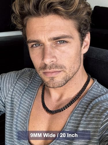 Bandmax Mens Stainless Steel Chain Necklaces 5MM/7MM/9MM/12MM Chunky Miami Cuban Link Chain Necklace Silver/Gold Plated/Black Chains for Men 18"-30" - color: 09 9MM-Black Plated, size: 20 Inch (51cm)