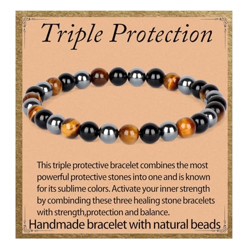 LPBeads Handmade Natural Gemstone Stretch Elastic Bracelet Healing Crystal Round Stone Beads Jewelry Gifts for Women Men - color: Onyx Tiger Hematite Mixed, size: 6mm