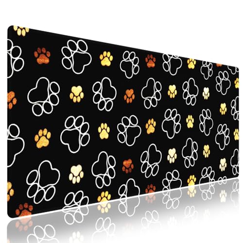Extra Large Gaming & Office Mouse Pad (31.5" x 11.8") – Abstract Cute Dog Paw Prints Gold and White Design, Premium Anti-Slip XXL Desk Mat with Durable Stitched Edges - color: Design WKLXD043