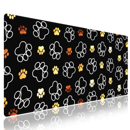 Extra Large Gaming & Office Mouse Pad (31.5" x 11.8") – Abstract Cute Dog Paw Prints Gold and White Design, Premium Anti-Slip XXL Desk Mat with Durable Stitched Edges - color: Design WKLXD043