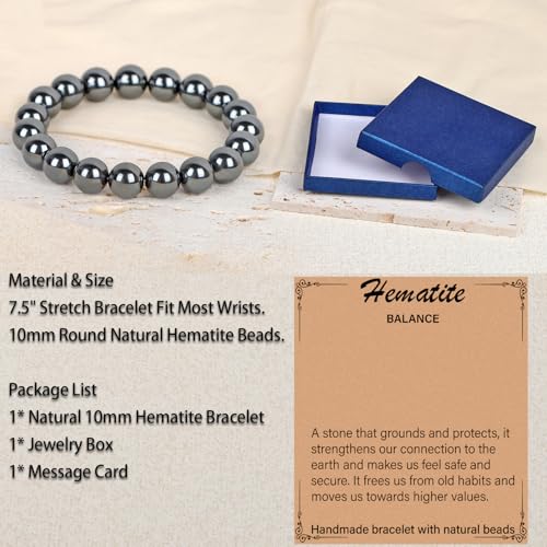 LPBeads Handmade Natural Gemstone Stretch Elastic Bracelet Healing Crystal Round Stone Beads Jewelry Gifts for Women Men - color: Hematite, size: 10mm