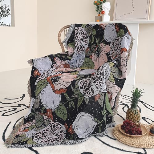 Boho Throw Blanket Reversible Cotton Bohemian Tapestry Hippie Room Decor Double Sided (Boho Flower Dark 50"x60") - color: Boho Flower Dark 2, size: 50*60 inch