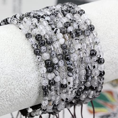 Keleny Natural Gemtones 4mm Round Beads Crystal Adjustable Braided Macrame Tassels Bracelets Unisex - color: Black Rutilated Quartz