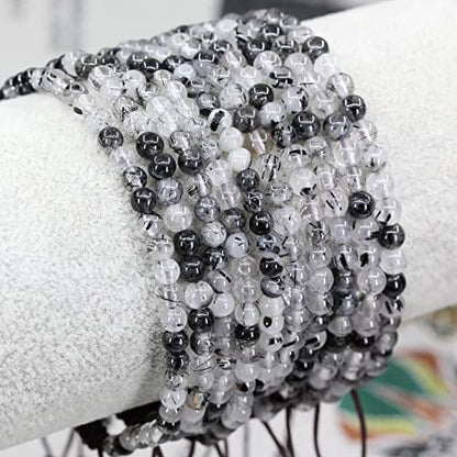 Keleny Natural Gemtones 4mm Round Beads Crystal Adjustable Braided Macrame Tassels Bracelets Unisex - color: Black Rutilated Quartz