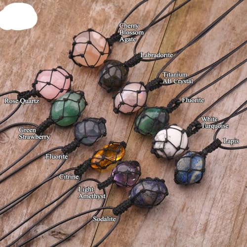 Crystal Tumbled Stone Pendant Necklace for Women Knotted Net Bag Leather Necklace Yoga Meditation Jewelry Gifts - color: Aura Rose Crystal