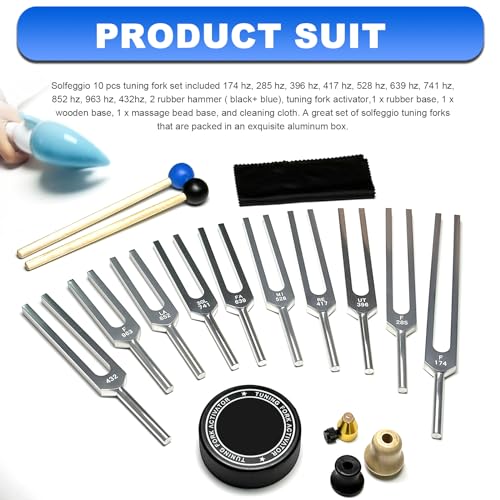 Solfeggio Tuning Forks Set, 10 pcs Unweighted Silver Solfeggio Tuning Forks, Aluminum Alloy with Tuning Fork Activator,2 Rubber Mallet, Cleaning Cloth and Exquisite Aluminum Box - size: Solfeggio 10 set Silver（(Upgraded)）
