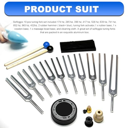 Solfeggio Tuning Forks Set, 10 pcs Unweighted Silver Solfeggio Tuning Forks, Aluminum Alloy with Tuning Fork Activator,2 Rubber Mallet, Cleaning Cloth and Exquisite Aluminum Box - size: Solfeggio 10 set Silver（(Upgraded)）