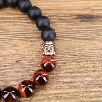 COAI Mens Womens Stone Buddha Head Prayer Bracelet - style: Red Tiger Eye & Onyx