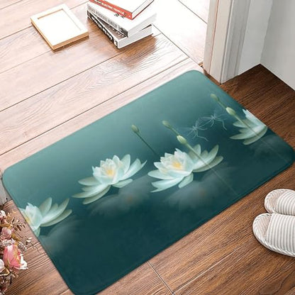 Dragonfly with Water Lily Print Flannel Anti-Slip Mat 16x24in Polyester Floor Covering, Full Single-Side Printed - color: Dragonfly With Water Lily