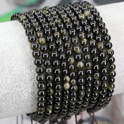 Keleny Natural Gemtones 4mm Round Beads Crystal Adjustable Braided Macrame Tassels Bracelets Unisex - color: Golden Obsidian