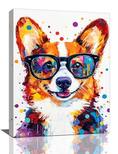 Banksy Corgi Wall Art Dog Pictures Funny Dog Canvas Wall Decor Dogs Painting Home Modern Artwork Decorations Framed for Kitchen Living Room Bedroom Bathroom Office 12 x 16 inch - color: banksy dog, size: 16"L x 12"W