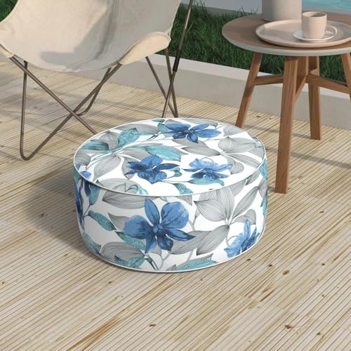 Inflatable Stool Ottoman, Footrest Ottoman with Handle, Outdoor or Indoor Round Portable Stool for Patio Home Decoration, 21x9 Inch, Clemens Noir Blue - color: Clemens Noir Blue, size: 21"D x 21"W x 9"H