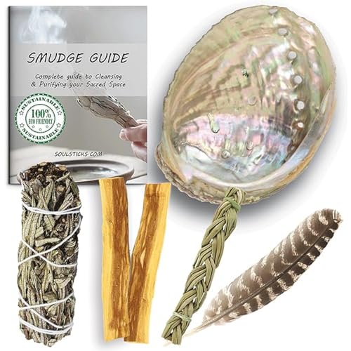 Ancient VEDA Organic Smudge Kit – Yerba Santa, Palo Santo, Sweetgrass, Abalone Shell, Feather & Smudge Guide | Smudging Kit for Home Cleansing, Meditation, Healing (Healer's Kit, Yerba Santa Sage) - color: Yerba Santa Sage, size: Healer's Kit