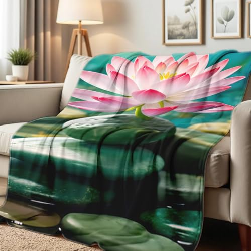 Zen Stones Print Blanket Lotus Flower Throw Flannel Blanket Zen Decor Bedding for Bed Sofa Office Yoga Room Meditation Spa Gifts (49"x59") - color: Green, size: 49"x59"