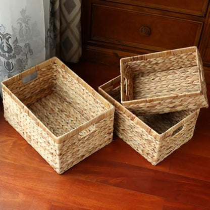 Woven Natural Water hyacinth Rectangular Storage Baskets with inside Handle,Kingwillow(Large) - size: Large