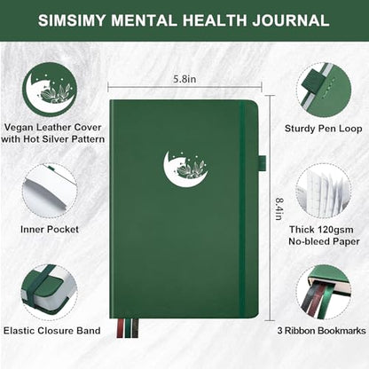 Mental Health Journal, 91-Day Self Care Journal for Women Men, Guided Anxiety & Stress Relief Journal with Mood Tracker, Cognitive Behavioral Therapy Journaling with Mental Health Coloring Pages & Dream Log - color: Dark Green