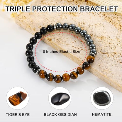 Gnamy Crystal Bracelet Gifts for Men Him- Triple Protection Hematite Black Obsidian Tiger Eye Gemstone Beaded Bracelets Birthday Healing Jewelry Gifts - style: Style 7