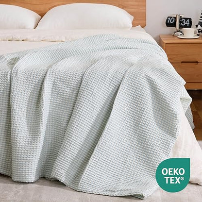 Lightweight Cotton Waffle Throw Blanket, Modern Two-Tone Check Pattern, Soft & Breathable for Bed, Couch, Sofa, All Seasons –Light Blue/White, 50"x60" - color: Blue/White, size: King