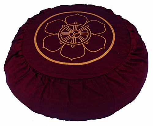 Meditation Cushion Zafu Pillow Silkscreen Symbols - color: Dharma Wheel Burgundy