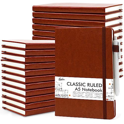feela 24 Pack Journal Notebook for Work, Business Notebook Bulk Hardcover Lined Writing Journal with Pen Holder for Men Women Note Taking, with 24 Black Pens, 120 GSM, 5.1”x8.3”, A5, Brown - color: 24 Pack brown