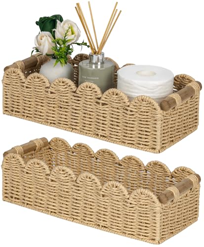 CubesLand Bathroom Basket Organizer, Toilet Tank Paper Storage Baskets 2-Pack, Scalloped Decorative Basket for Countertop w/Handle, Wicker Basket for Bathroom Decor, Home Decor, Living Room, Beige - color: Beige