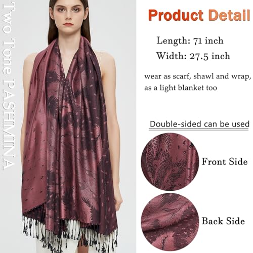 Pashmina Shawl Wrap with Ethnic Paisley Two Tone Jacquard Scarf for Women - color: Feather-powder Pink