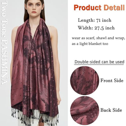 Pashmina Shawl Wrap with Ethnic Paisley Two Tone Jacquard Scarf for Women - color: Feather-powder Pink