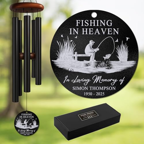 Personalized Fishing Memorial Wind Chime – “Fishing in Heaven” Custom Name & Years – Outdoor Sympathy Gift for Fishermen’s Families – Memorial Windchimes for Loss of Loved One – Tranquil Garden Décor - size: FishingWC 1