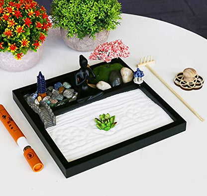 BangBangDa Desktop Meditation Yoga Zen Garden Kit Japanese Tabletop Rock Sand Chakra Shrine Altar Japanese Zen Decor Home Office Desk Zen Gifts for Women Man Birthday w/Rake Tool Accessories Bonsai