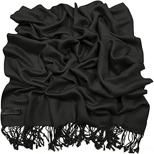 CJ Apparel Solid Color Tassels Design Nepalese Shawl Scarf Wrap Stole Throw Head Wrap Pashmina Gift Hand Made in Nepal New - color: Black