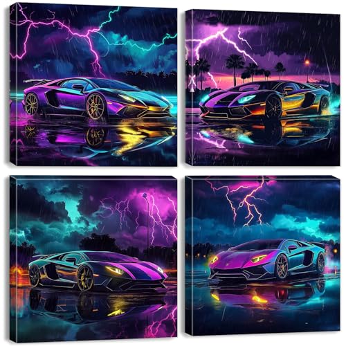 Lamborghini Poster Cool Car Wall Art for Teen Boys Room Wall Decor Lightning Racing Cars Pictures Men Bedroom Decor Sports Supercar Paintings Canvas Prints Modern Artwork Office Decorations 12x12” 4P - color: Cars, size: 12"L x 12"W