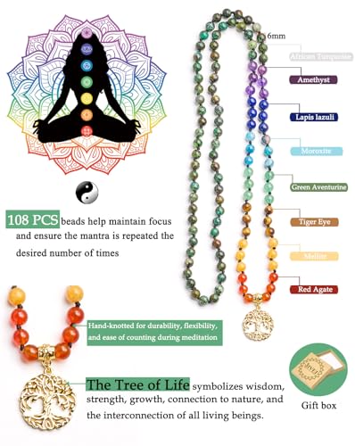 Bivei 108 Mala Beads Necklace Life Tree 7 Chakra Wrap Bracelet Real Healing Gemstone Yoga Meditation Hand Knotted Mala Prayer Bead Necklace - color: 7 Chakras Stone, size: 6mm