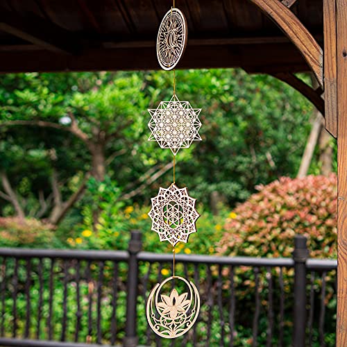 Qallicon 5.31" Sacred Geometry Wall Art 4 PCS Set, (Mandala, Buddha Lotus, 64 Star Tetrahedron, Sun Moon and Stars) Crystal Grid Meditation Chakra Wooden Wall Art Yoga Decor Spiritual Gifts