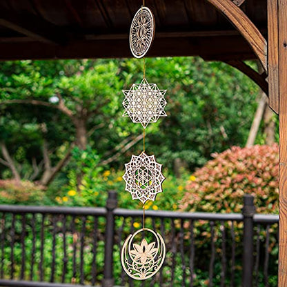 Qallicon 5.31" Sacred Geometry Wall Art 4 PCS Set, (Mandala, Buddha Lotus, 64 Star Tetrahedron, Sun Moon and Stars) Crystal Grid Meditation Chakra Wooden Wall Art Yoga Decor Spiritual Gifts