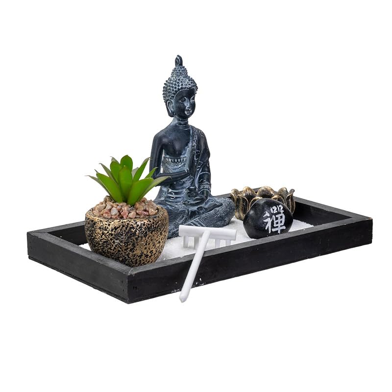 Pacific Giftware Meditation Zen Garden Set with Buddha Statue Artificial Succulent Plant Tea Light Candle Holder White Sand Decorative Wood Display Tray 12" x 3"