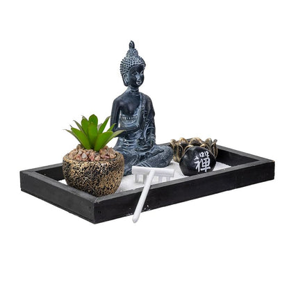 Pacific Giftware Meditation Zen Garden Set with Buddha Statue Artificial Succulent Plant Tea Light Candle Holder White Sand Decorative Wood Display Tray 12" x 3"