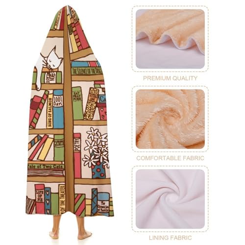 Sleeping Cat Library Bookshelf Large Size Comfortable Hooded Blanket, Warm Blanket 50"x60" - color: Sleeping Cat Library Bookshelf, size: 50"x60"