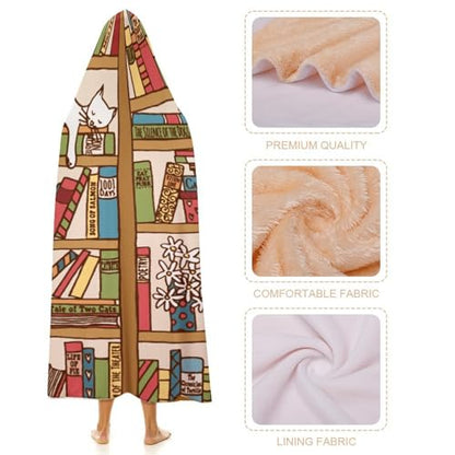Sleeping Cat Library Bookshelf Large Size Comfortable Hooded Blanket, Warm Blanket 50"x60" - color: Sleeping Cat Library Bookshelf, size: 50"x60"