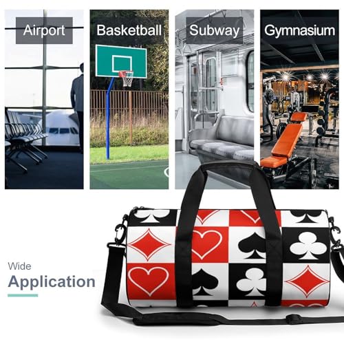 Suits Hearts Diamonds Clubs Spades Grid Poker Playing Cards Cylindrical Portable Fitness Bag, Large Capacity Handbag - color: suits hearts diamonds clubs spades Grid Poker