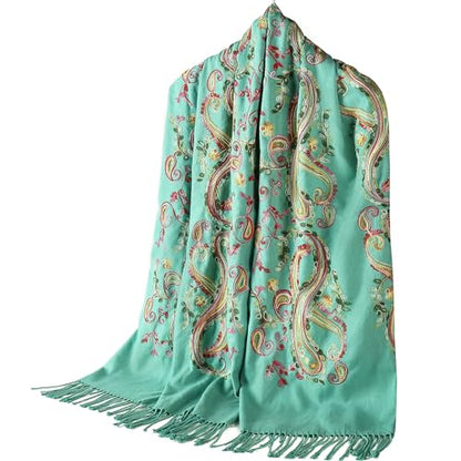 Embroidered Brushed Shawl Paisley Leaves Pattern Scarf Soft Ponchos Wrap Cape With Fringes - color: 08-aqua
