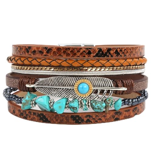 Fesciory Leopard Bracelet for Women, Boho Leather Wrap Multi-Layer Pearl Crystal Bracelet Bangle Jewelry - style: Feather(Brown)